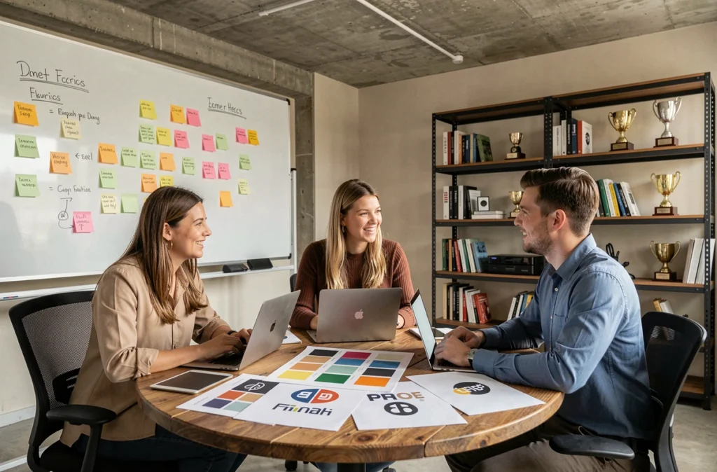 Équipe créative d'Absolute Agency collaborant autour de maquettes de branding et d'identité visuelle dans un studio design