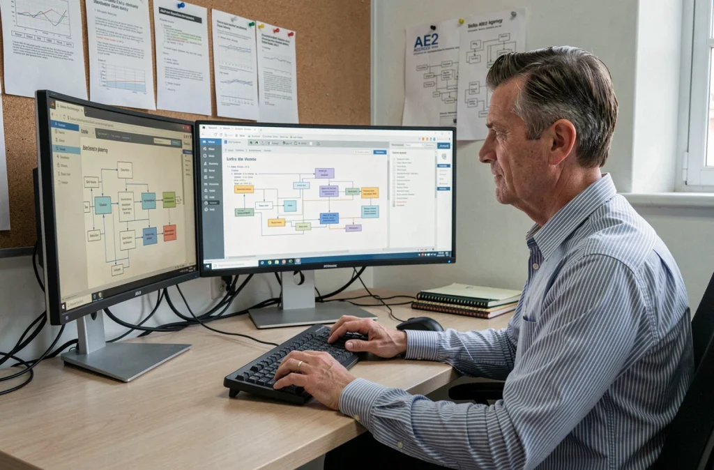 Développeur web expert en architecture technique travaillant dans les bureaux de l'agence AE2