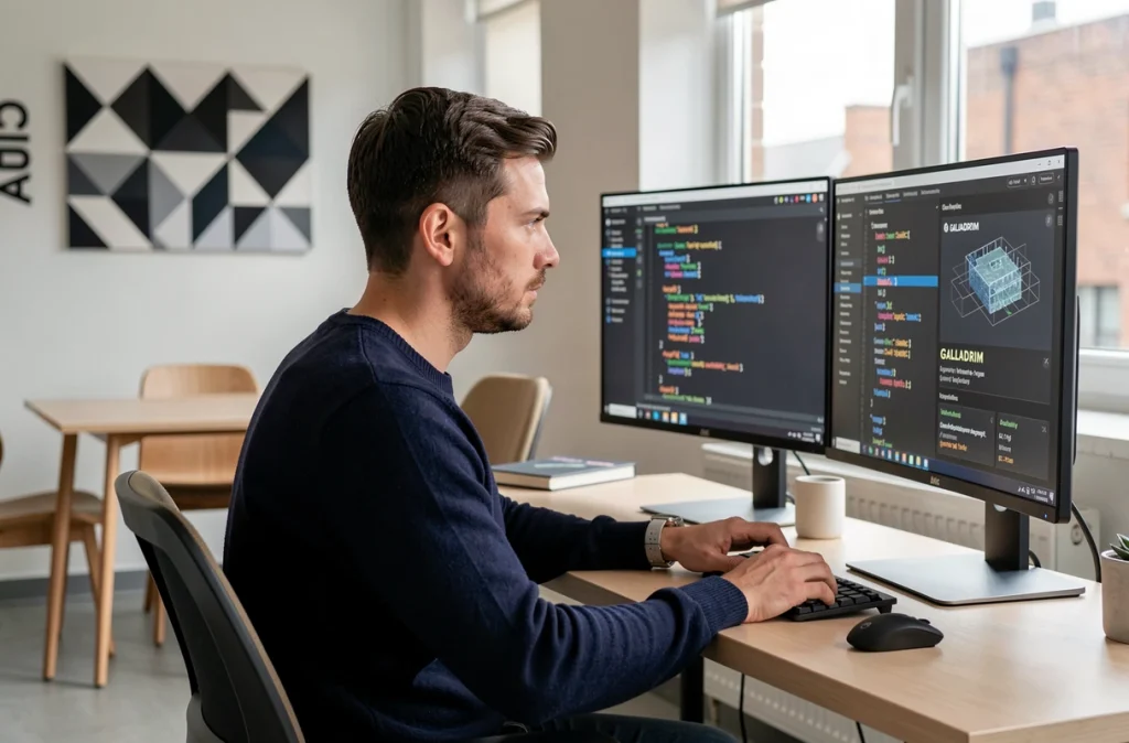 Développeur web concentré sur un projet de code dans les bureaux de l'agence Galadrim