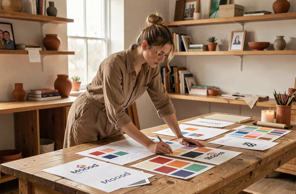 Directrice artistique travaillant sur des planches d'identité visuelle dans le studio créatif de l'agence Moood