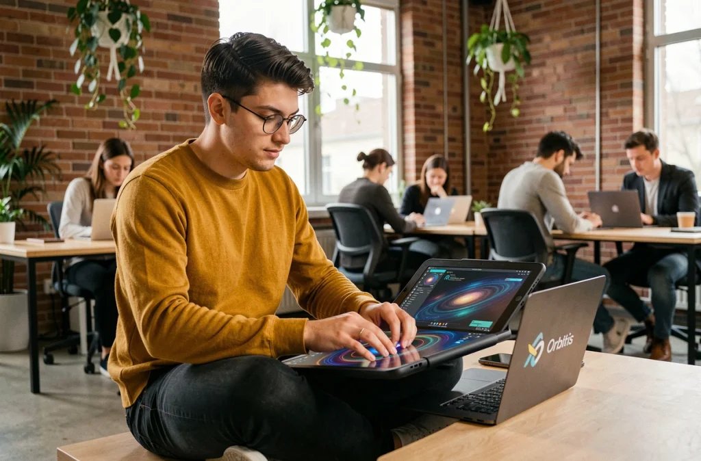 Designer UI travaillant sur des animations d'interface dans l'espace créatif de l'agence Orbitis