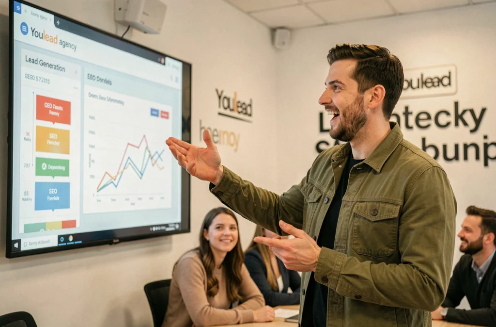 Stratège digital présentant des résultats de génération de leads et de SEO dans les bureaux de l'agence Youlead