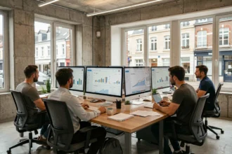 Vue d'ensemble d'une agence Google Ads moderne à Rennes avec des professionnels travaillant sur des campagnes publicitaires numériques