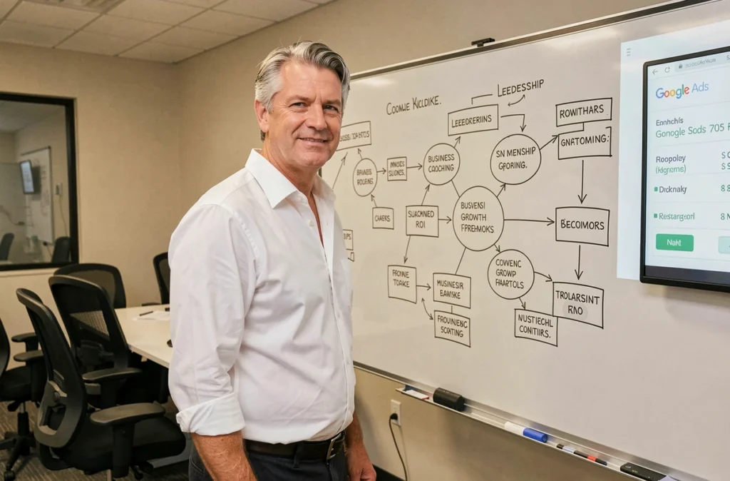 Coach de Boost Leadership animant une session de formation sur la croissance des entreprises et les résultats Google Ads dans une salle professionnelle