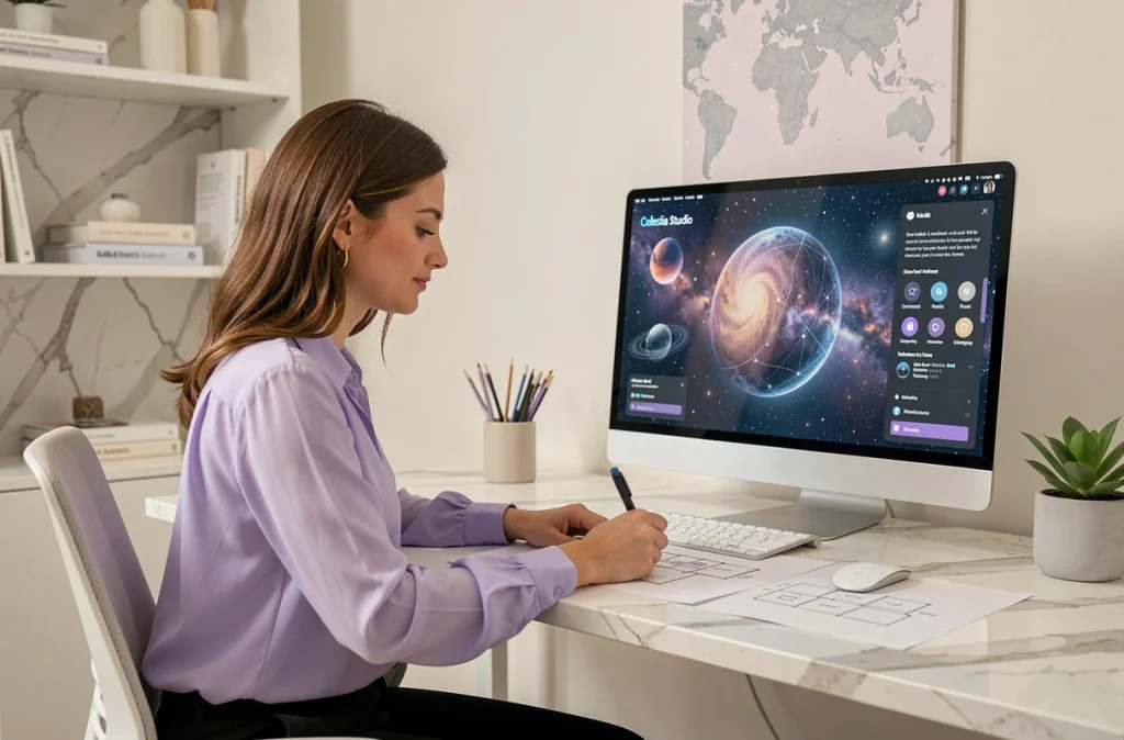 Designer UX esquissant des wireframes d'interface dans l'environnement épuré du studio Celestia