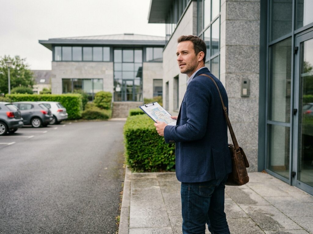 Homme consultant un programme de formation à l'entrée d'un centre professionnel près de Brest