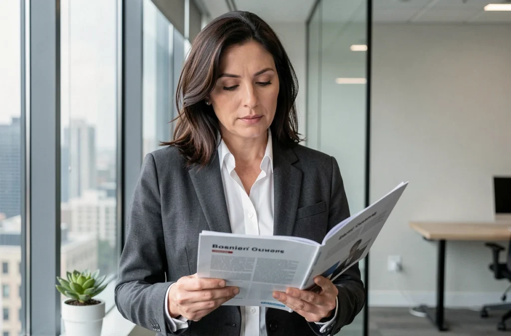 Femme cheffe d'entreprise lisant un guide elevetonbiz pour développer son activité professionnelle