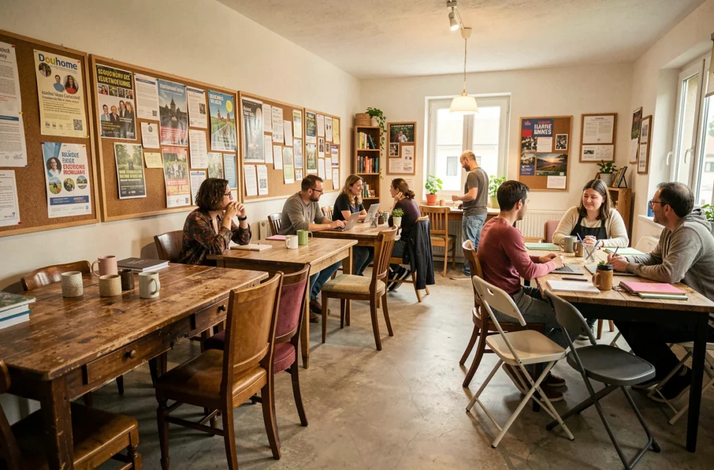 Douhome, espace de coworking et tiers-lieu associatif en Essonne avec mobilier vintage, tableaux d'affichage communautaires et ambiance conviviale