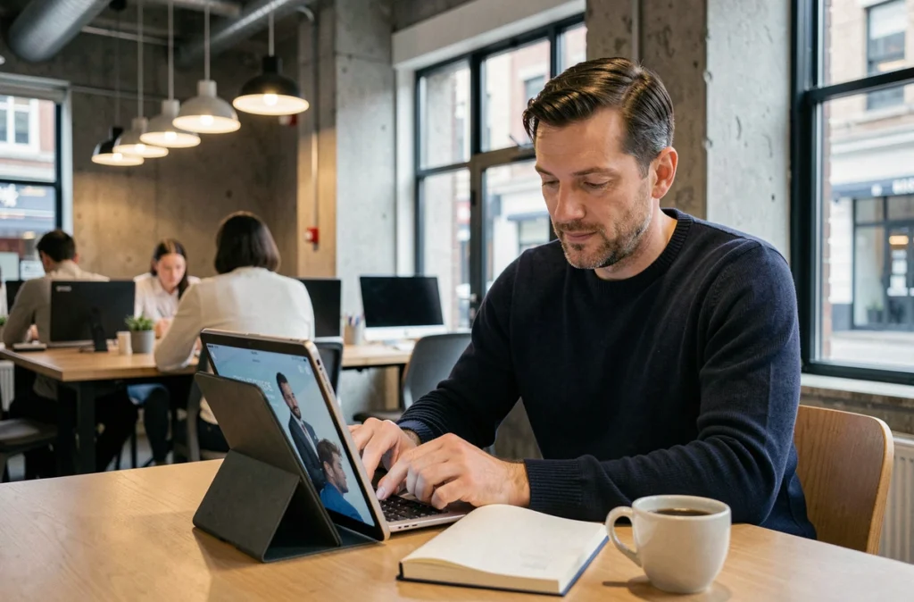 Entrepreneur masculin utilisant un guide business sur tablette dans un espace de coworking moderne