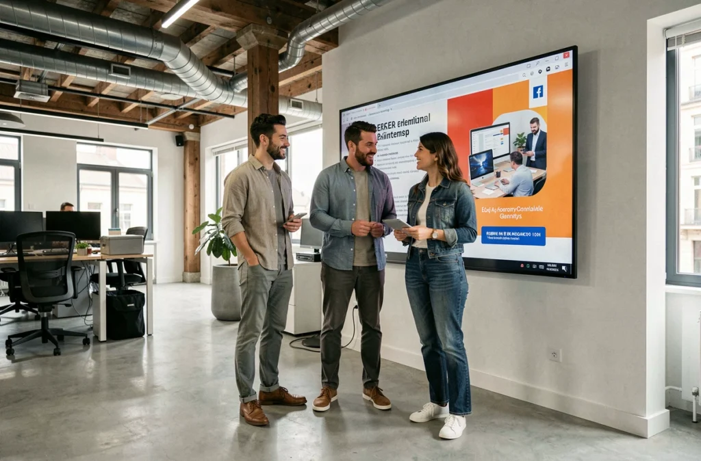 Équipe créative de ER Agency présentant une proposition de campagne de marketing digital dans un espace de travail contemporain à Rennes