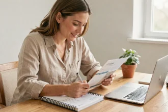 Femme entrepreneur consultant un guide business elevetonbiz à son bureau domicile pour développer son activité
