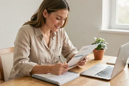 Femme entrepreneur consultant un guide business elevetonbiz à son bureau domicile pour développer son activité