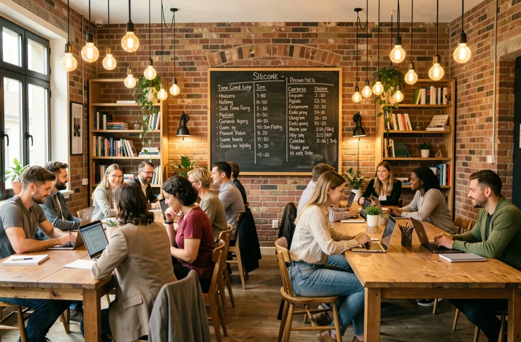 HéBoss Coworking en Essonne, espace indépendant avec une ambiance communautaire chaleureuse et des freelances autour de grandes tables en bois