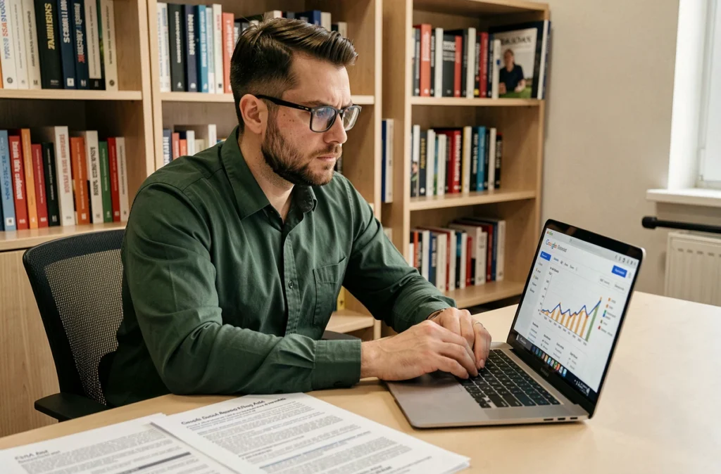 Expert SEA du Mage du SEA concentré sur une stratégie d'enchères Google Ads avec des rapports imprimés et un écran d'analyse