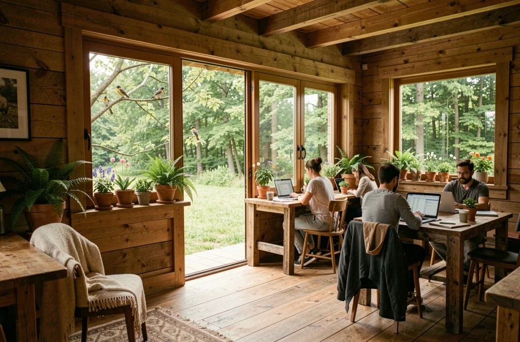 Les Rainettes, coworking nature et workation en Essonne sud avec chalet en bois, grandes baies vitrées ouvertes sur la forêt et professionnels en télétravail