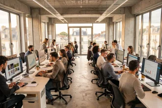 Vue panoramique d'une agence web moderne en Loire-Atlantique avec des professionnels collaborant sur des projets digitaux