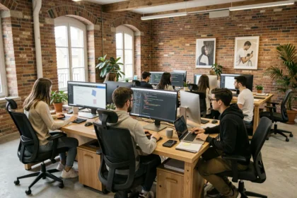 Vue d'ensemble d'un bureau d'agence web moderne dans la Marne avec des professionnels travaillant sur des écrans affichant des maquettes de sites web