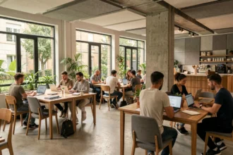 Espace de coworking moderne en Essonne avec des professionnels travaillant à des bureaux partagés dans un environnement collaboratif lumineux
