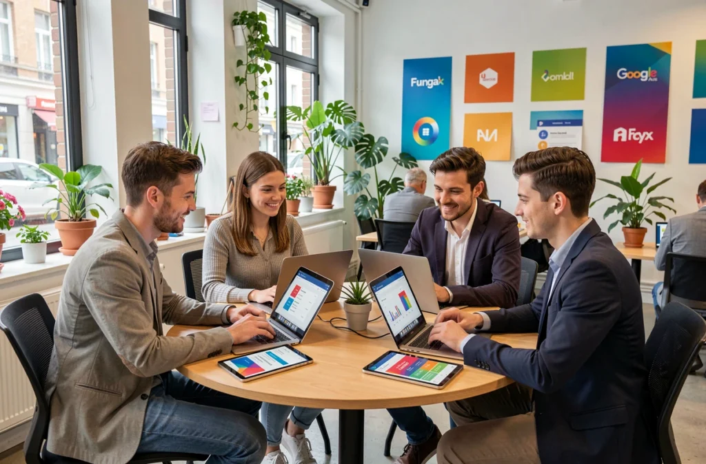 Jeune équipe de l'agence NEWP travaillant sur des maquettes web et des campagnes Google Ads dans un espace de co-working à Rennes