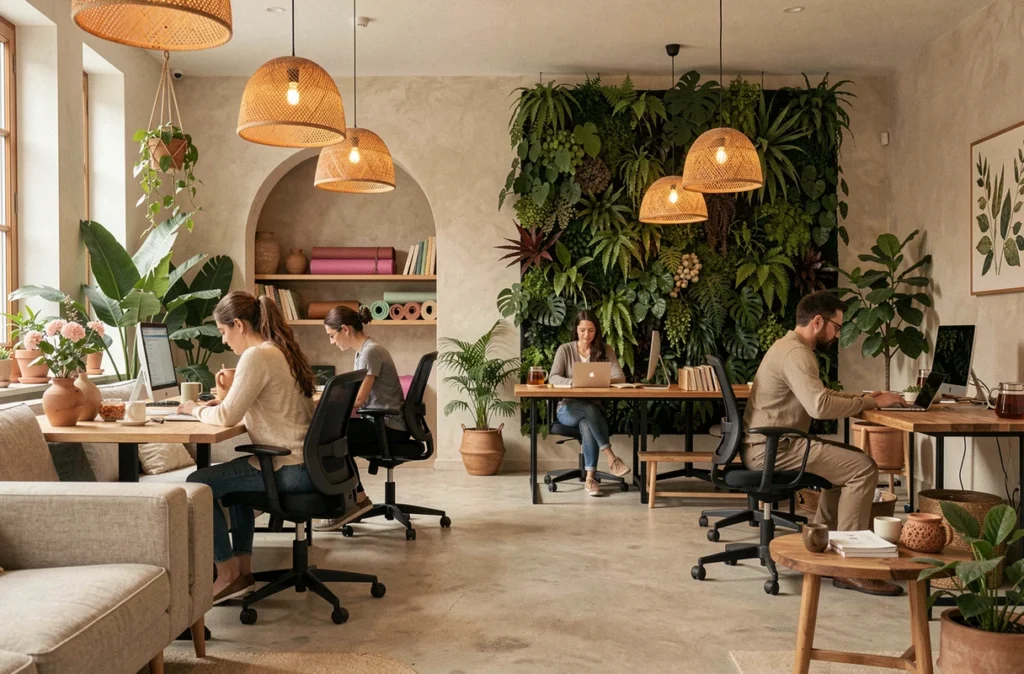 Nid'Air Palaiseau, tiers-lieu bien-être et coworking avec mur végétal, bureaux ergonomiques et atmosphère zen et naturelle