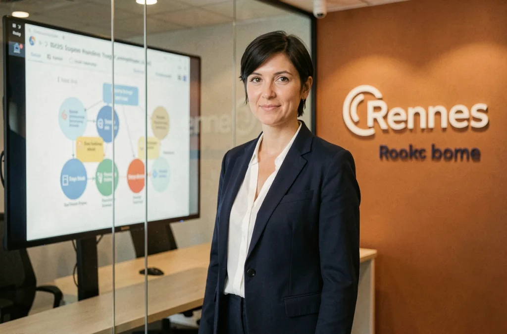 Professionnelle de l'agence Omada, agence de communication à Rennes, présentant une stratégie de communication dans une salle de réunion moderne