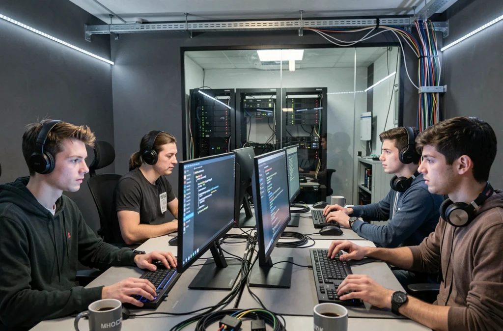 Oriven Essonne, espace de travail partagé dédié aux métiers du numérique avec des développeurs à des postes informatiques et infrastructure tech visible