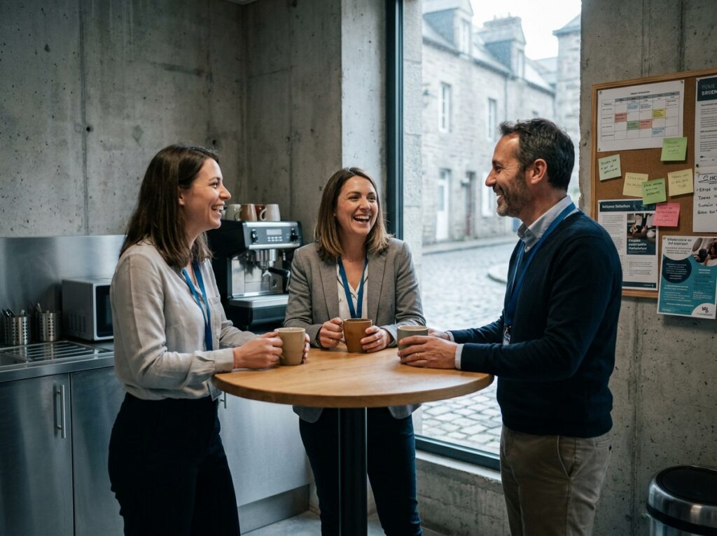 Pause café entre participants d'une formation professionnelle dans un espace détente près de Brest