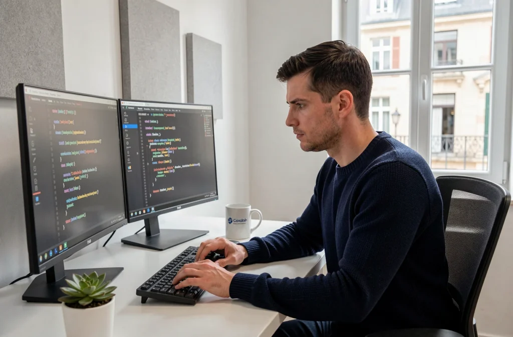 Développeur web de Picodev concentré sur du code PHP dans un studio moderne avec vue sur une rue de la Marne
