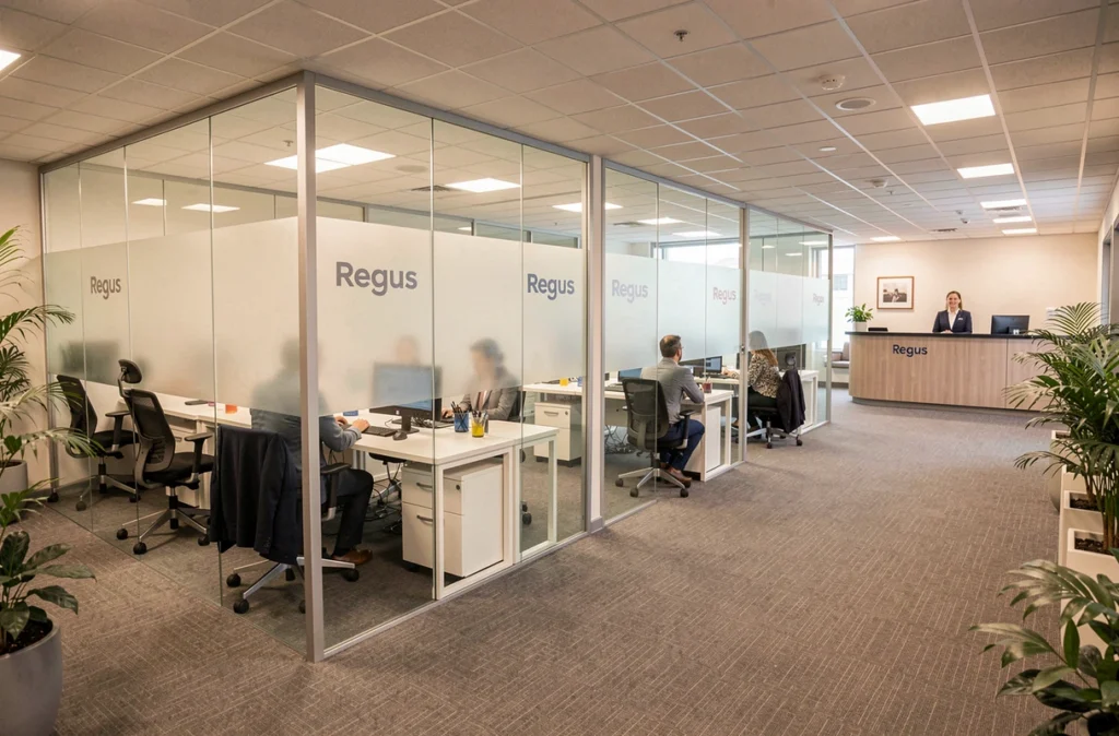 Bureaux équipés et espace coworking Regus Massy en Essonne avec des salles de réunion en verre et une réception professionnelle