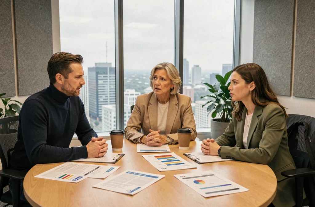 Équipe professionnelle en réunion autour des rapports RSE, discutant des erreurs fréquentes qui limitent l'impact des piliers de la responsabilité sociale des entreprises