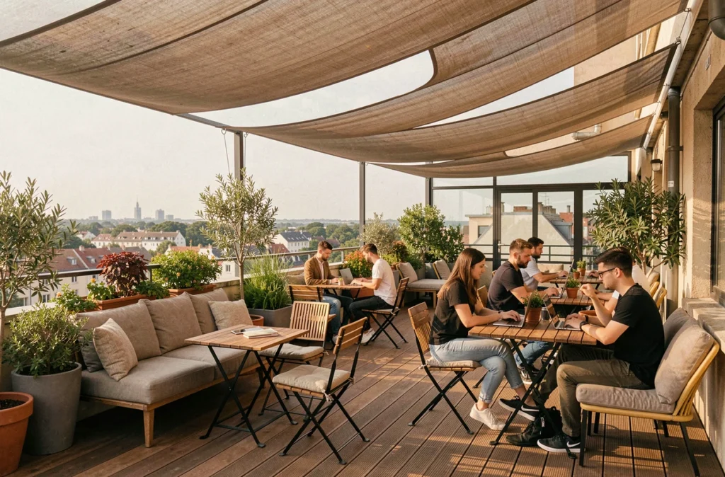 Rooftop coworking de Viry-Châtillon avec une terrasse polyvalente en bois, des plantes et des professionnels travaillant en plein air