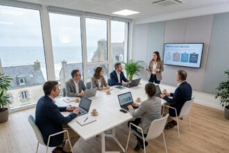 Salle de formation moderne près de Brest avec participants autour d'une table et formatrice devant un écran