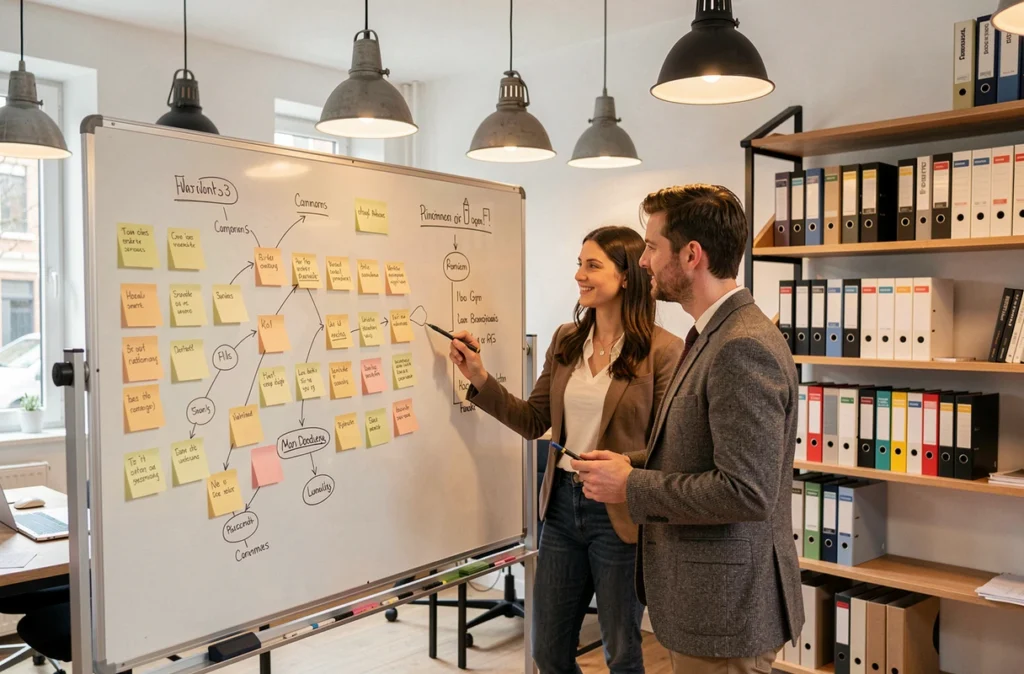 Équipe de l'agence SIMCO à Rennes collaborant autour d'un tableau blanc lors d'une session de stratégie de communication