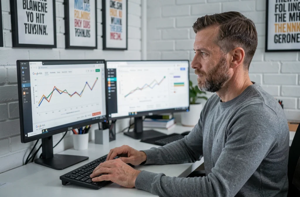Expert en publicité digitale de l'agence Size Up analysant des métriques de campagnes Google Ads sur un double écran