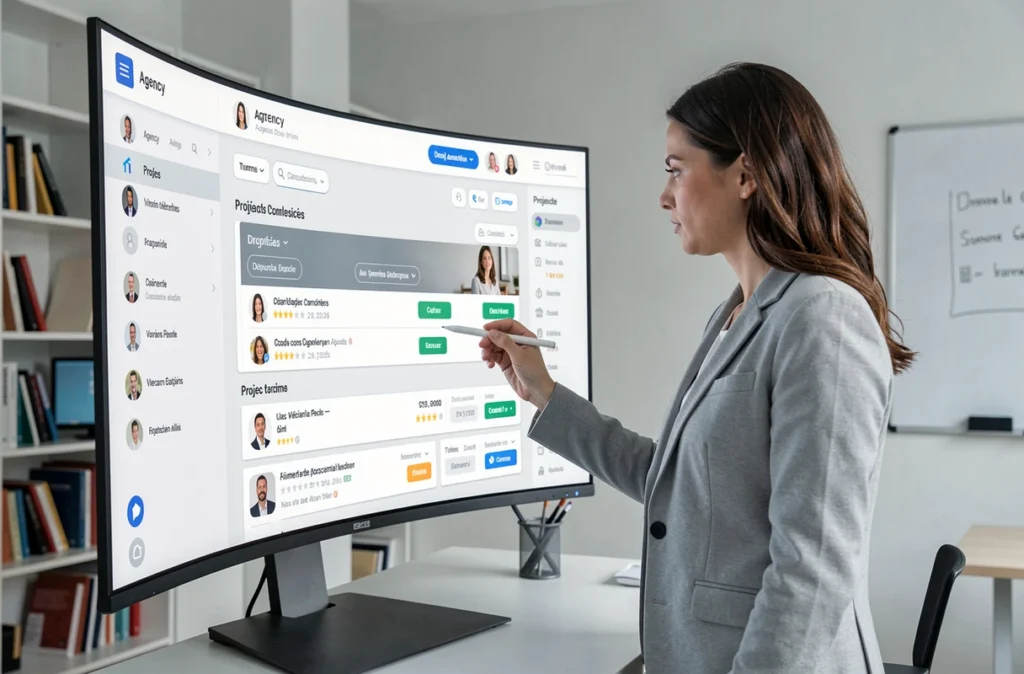 Professionnelle utilisant la plateforme Sortlist pour comparer et sélectionner des agences de communication spécialisées Google Ads