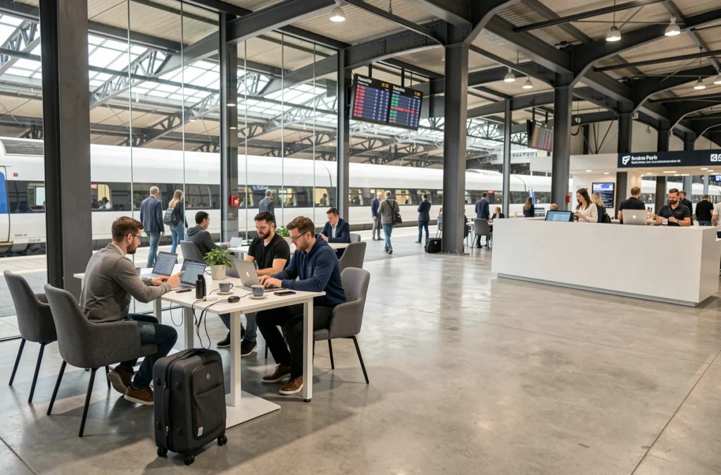 Espace de coworking Stop and Work situé dans la gare TGV de Massy avec des voyageurs et télétravailleurs à des postes de travail modernes