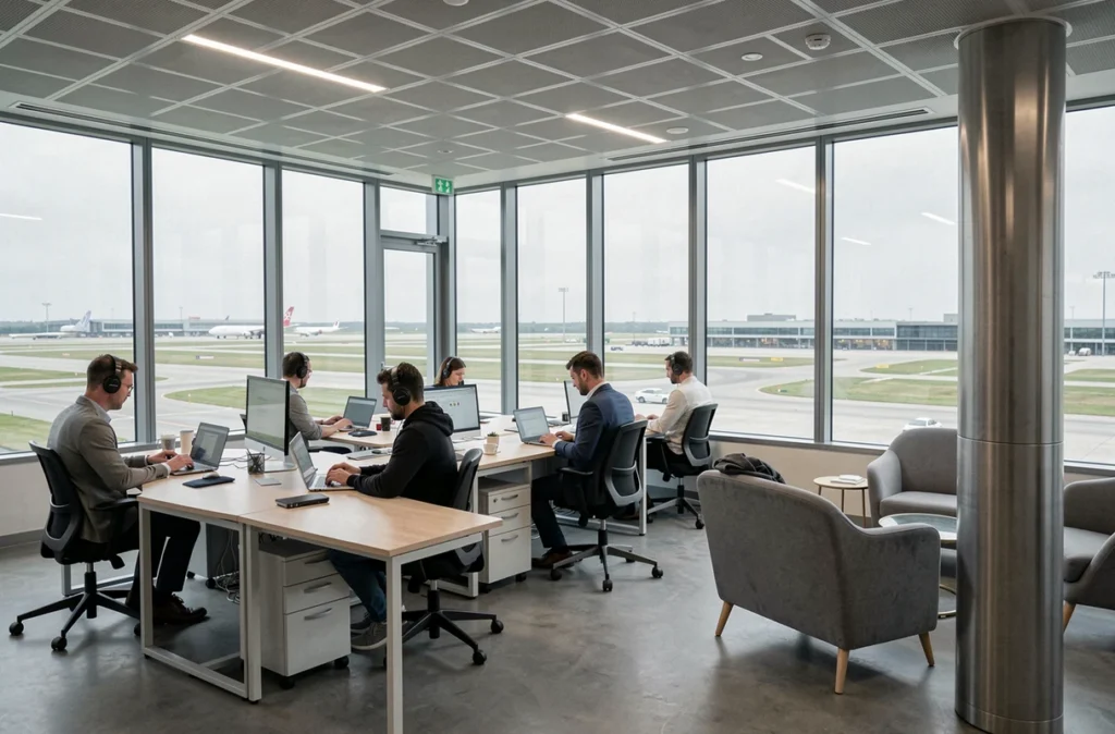 Coworking Stop and Work Orlytech en zone aéroportuaire avec vue sur les pistes d'Orly et des professionnels au travail