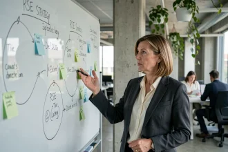 Femme cadre analysant une stratégie RSE sur un tableau blanc en entreprise, illustrant les erreurs courantes dans la mise en œuvre des piliers RSE
