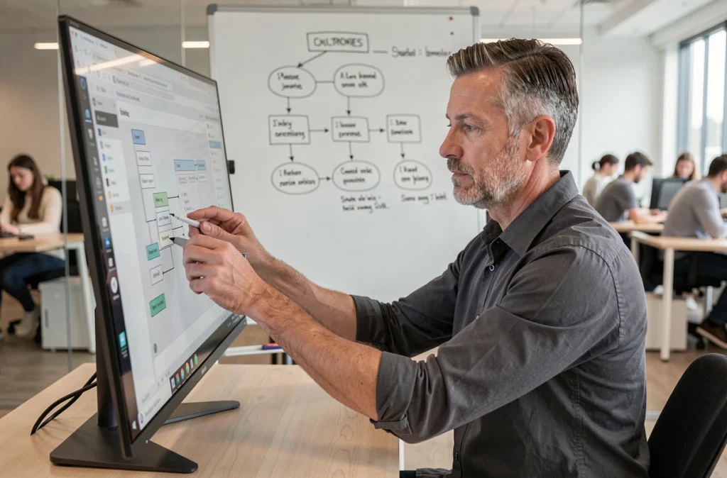 Expert UX de Synapse Communication ajustant des wireframes sur un écran tactile dans un open space contemporain