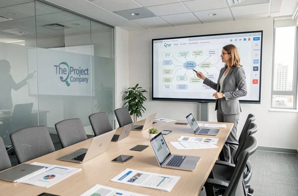 Chef de projet présentant une stratégie digitale lors d'une réunion dans les locaux de The Project Company