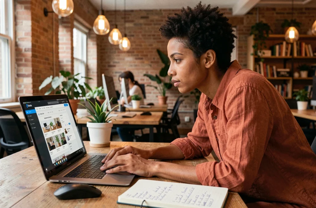 Développeuse web de Trenta travaillant sur un prototype de site e-commerce dans un espace de coworking chaleureux