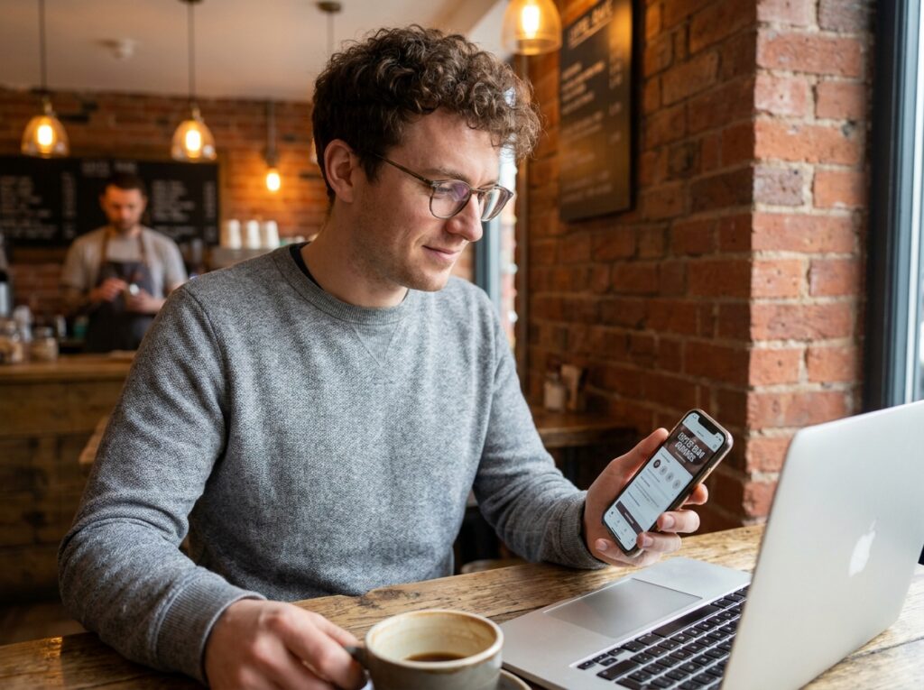 Jeune homme utilisant une application de fidélisation sur smartphone dans un café indépendant
