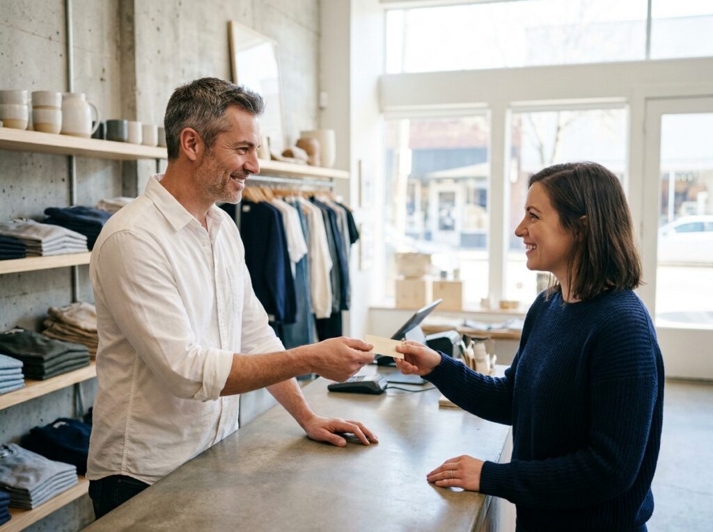 Gérant de boutique remettant une carte de fidélité à une cliente souriante dans un magasin moderne