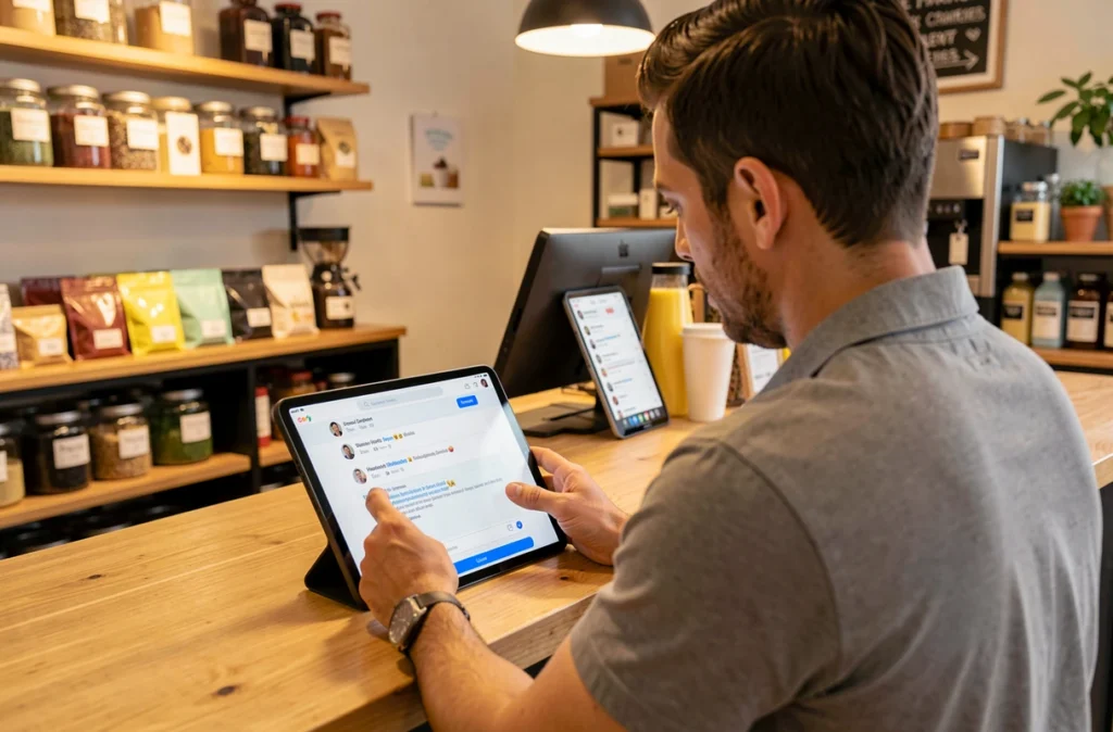 Commerçant lisant les retours de ses clients sur une tablette