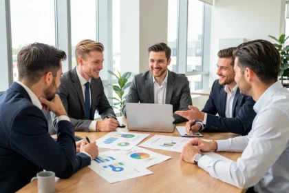 Équipe réunie autour d'un bureau pour travailler sur une stratégie marketing
