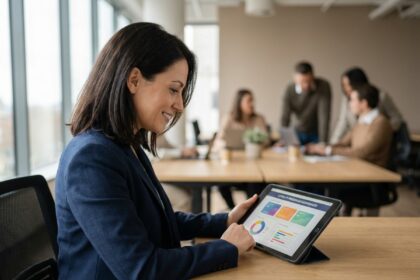Femme d'affaires consultant un tableau de bord de programme de fidélisation sur une tablette dans un bureau moderne