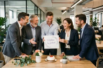 Groupe de collègues souriants réunis autour d'un bureau décoré pour fêter le départ d'un collègue avec une carte d'adieu et un gâteau