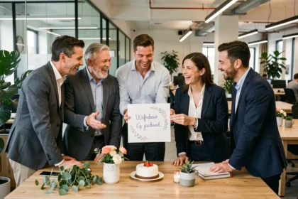 Groupe de collègues souriants réunis autour d'un bureau décoré pour fêter le départ d'un collègue avec une carte d'adieu et un gâteau